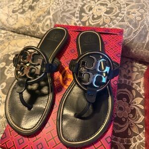 Tory Burch Black and Gold Metal Miller Sandals